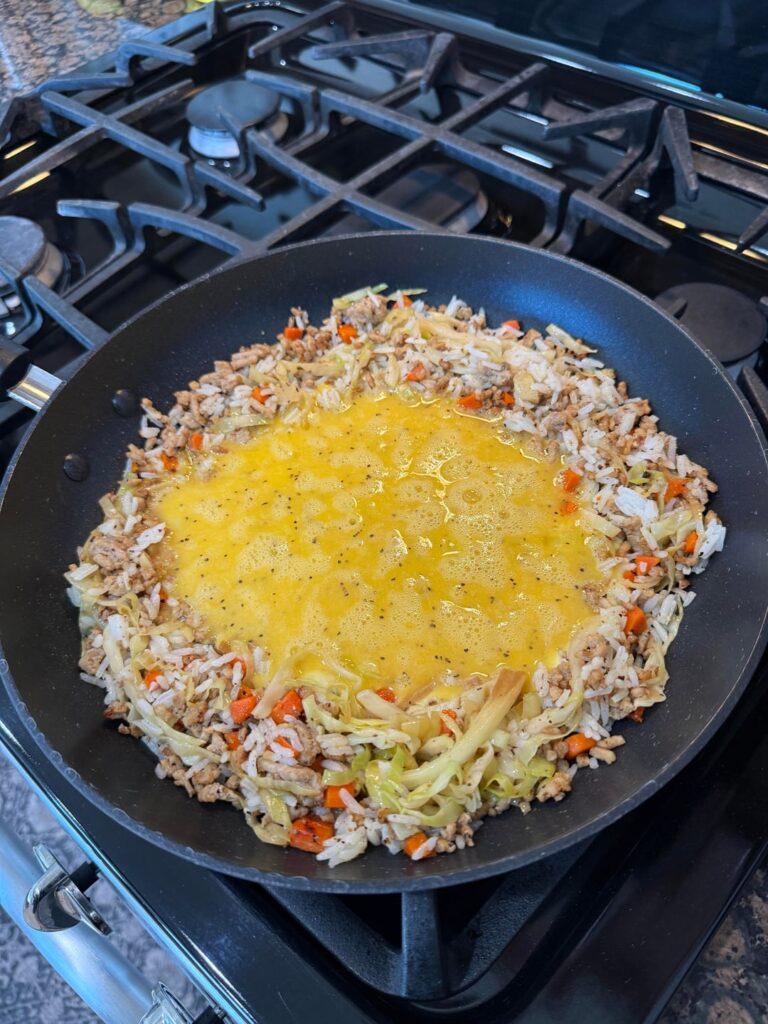 Pork & egg fried rice? I used leftover egg roll in a bowl, added some eggs and topped with fried chili oil.
