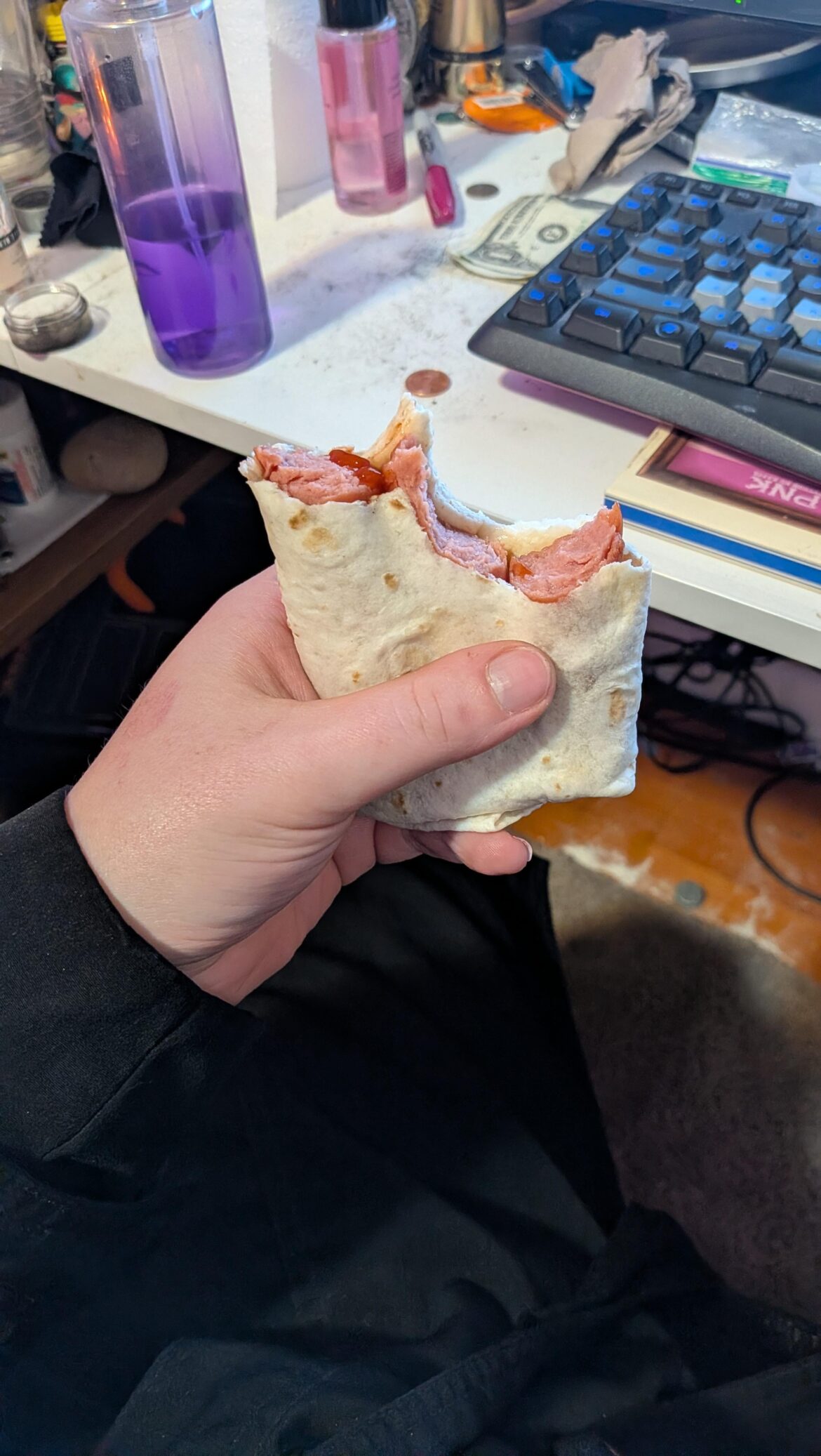 The triple weenie wrap, with ketchup