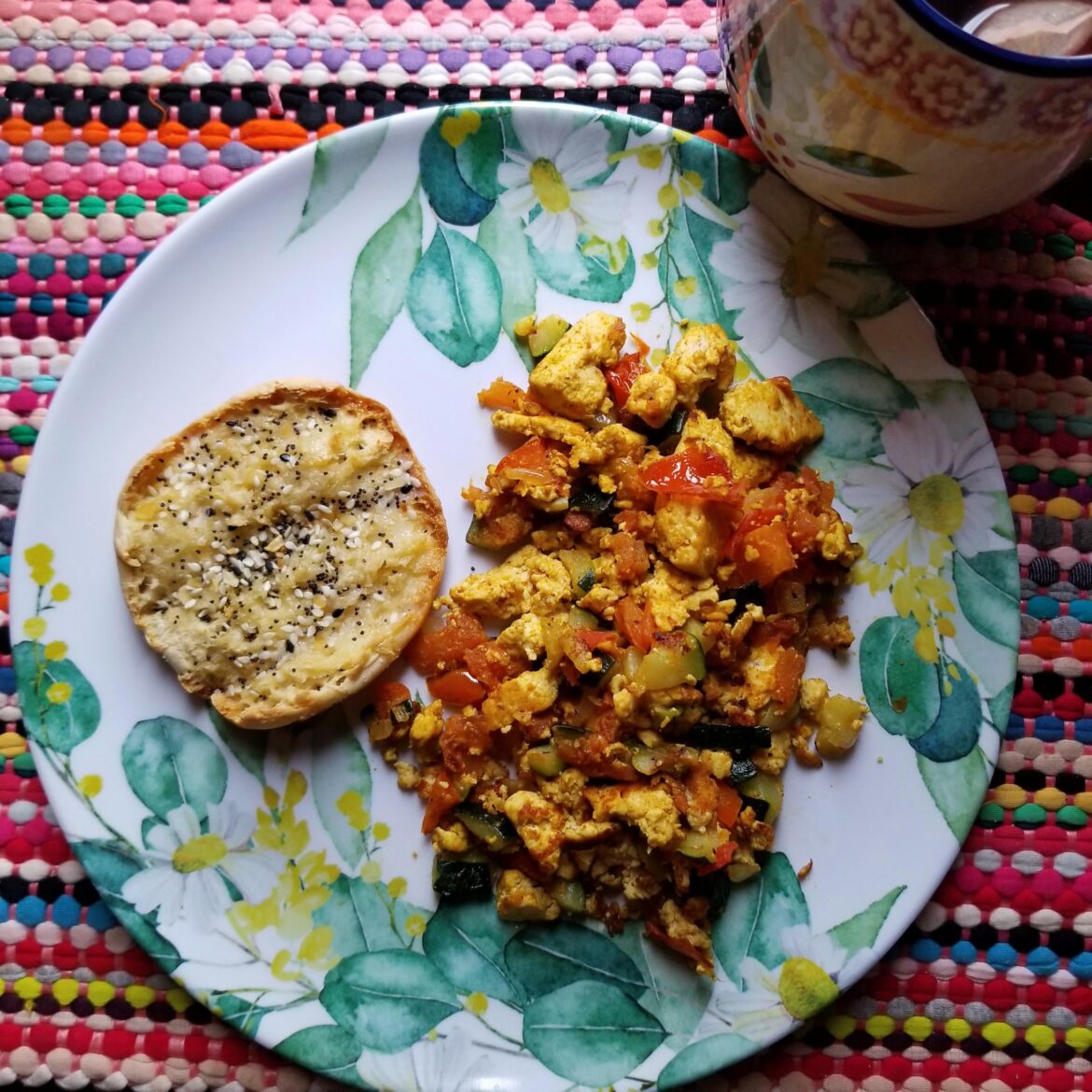Today's Brunch: Tofu Vegetable Scramble, Half English Muffin and Herbal Tea ~ 470 Calories