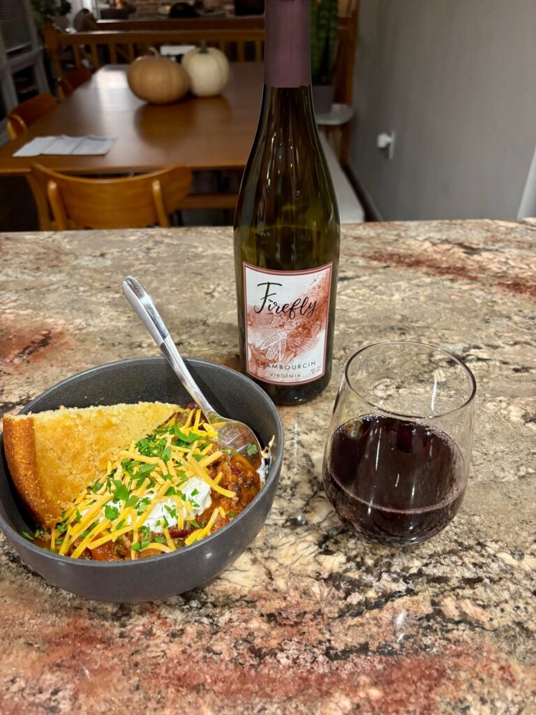 Homemade chili and cornbread on a cold, rainy night
