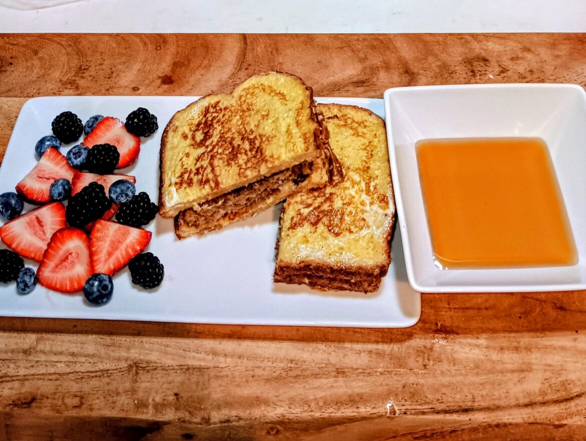 French toast sausage sandwich w/berries this morning.