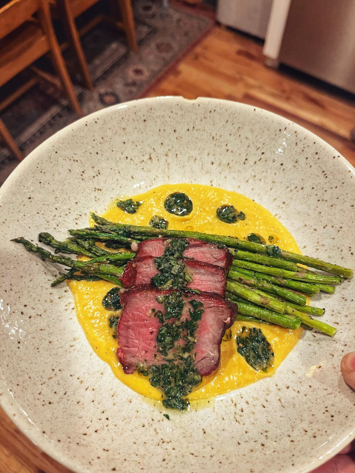 Smoke Strip Steak, Browned Butter Butternut Squash Puree, Asparagus, Chimichurri Drizzle