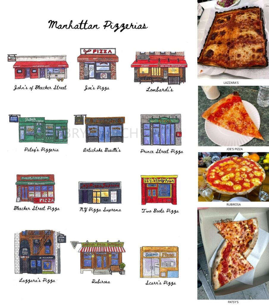 I’ve sampled and painted a dozen Manhattan and a dozen Brooklyn pizzerias 🍕🎨
