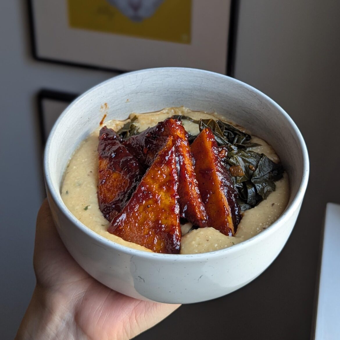 spicy bbq tofu with creamy grits and smoky collards.