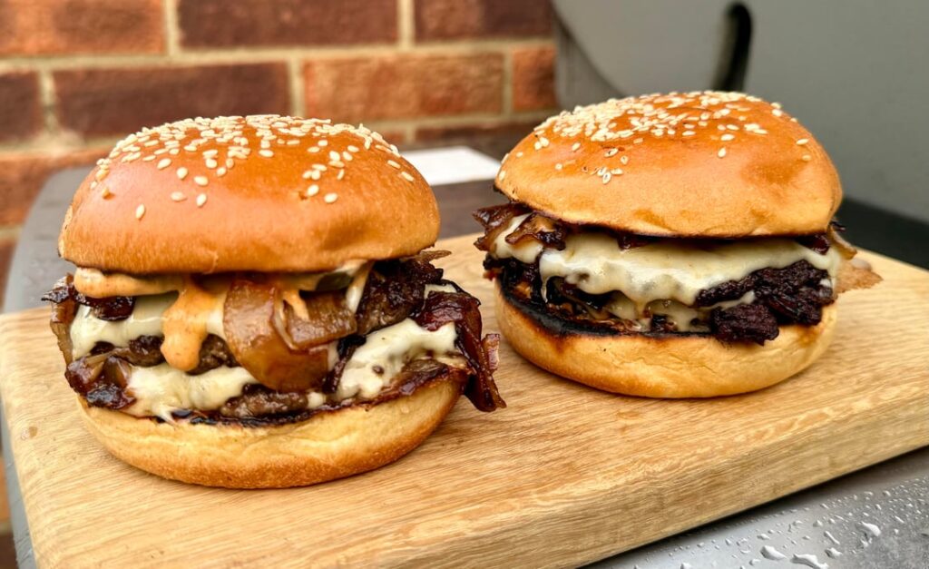 My steak mix double cheeseburgers with boozey peppercorn dipping sauce.