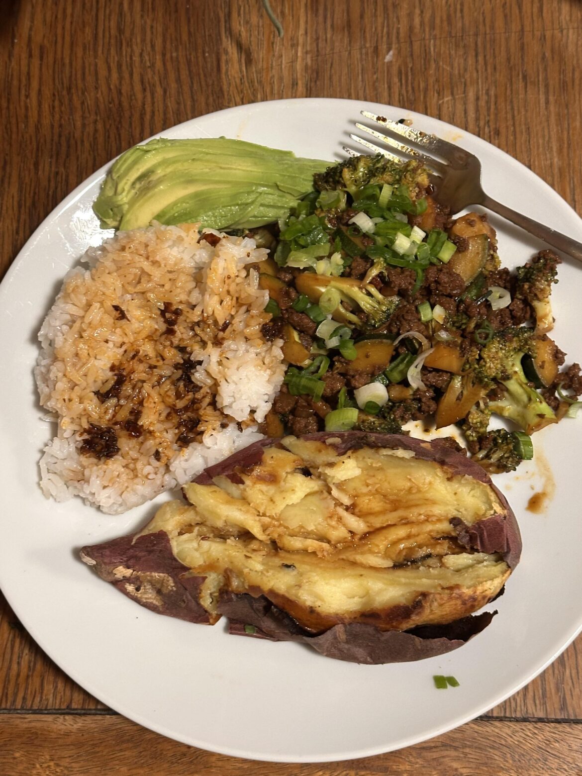 Beef stir fry (recipe in last post) Korean sweet potato avocado and white rice