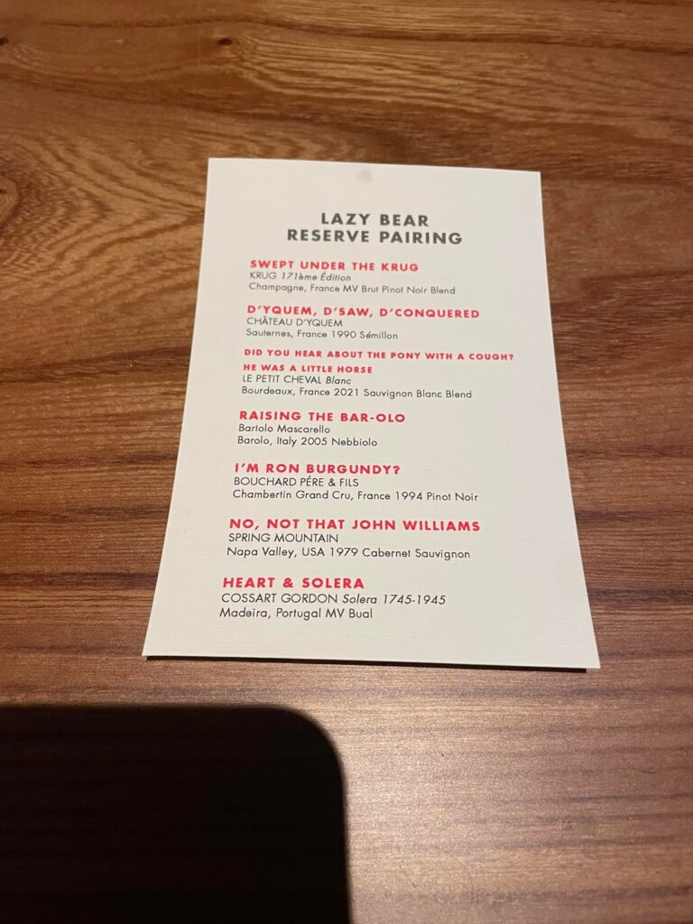 Lazy Bear Reserve Pairing