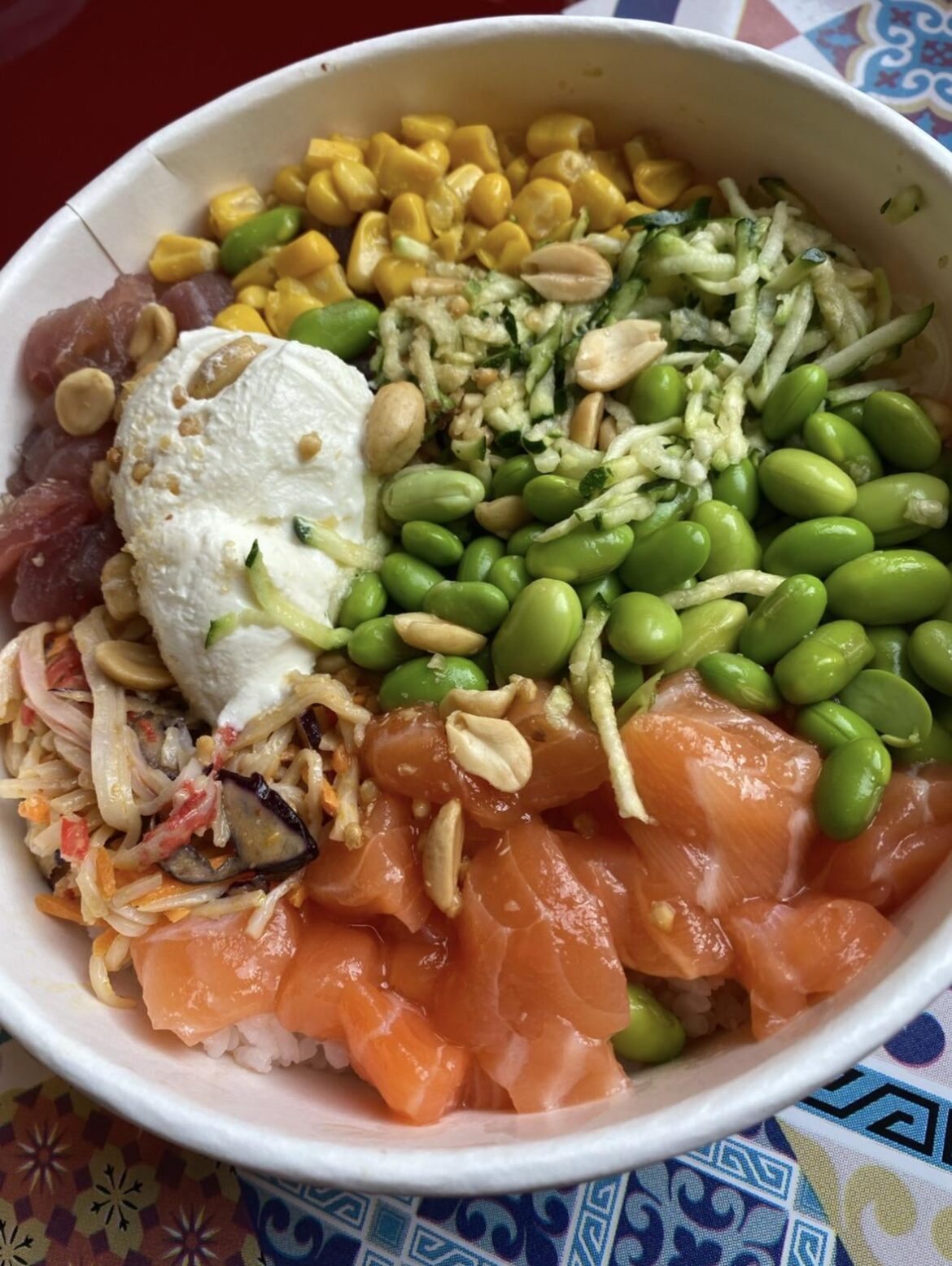 Poke with salmon, tuna, mais, edamame, surimi, philadelphia, zucchini, and peanuts
