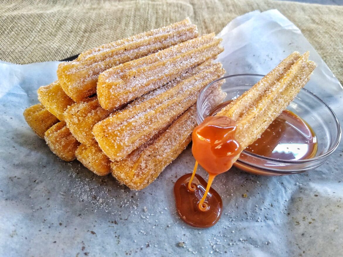 Vegan oven-baked churros with silken tofu caramel sauce