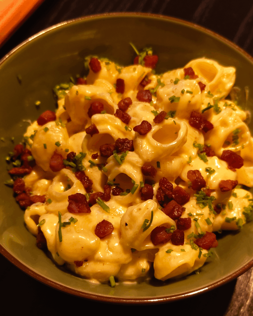Mac and cheese with pancetta.