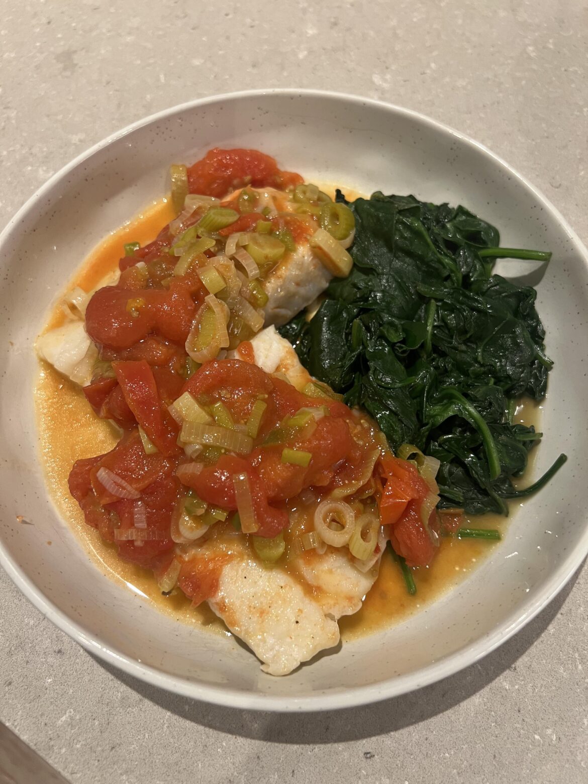 Cod with tomato & spring onion butter and spinach!