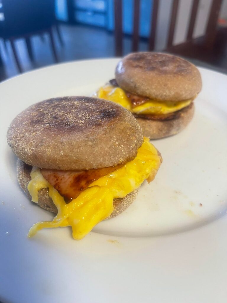 Egg/cheese/ham on toasted/buttered English muffin