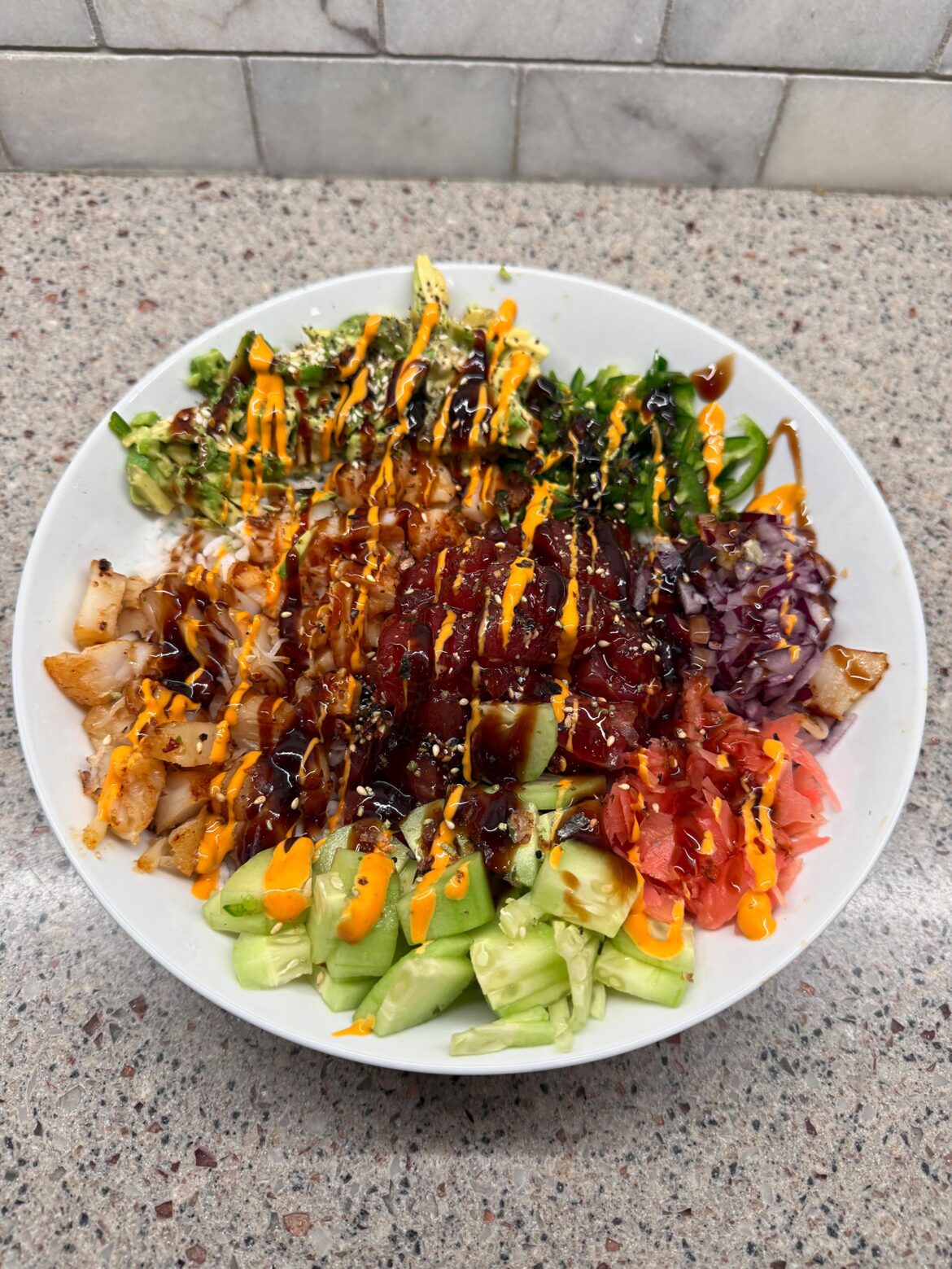 My most recent sushi bowl with marinated tuna, scallops, and shrimp