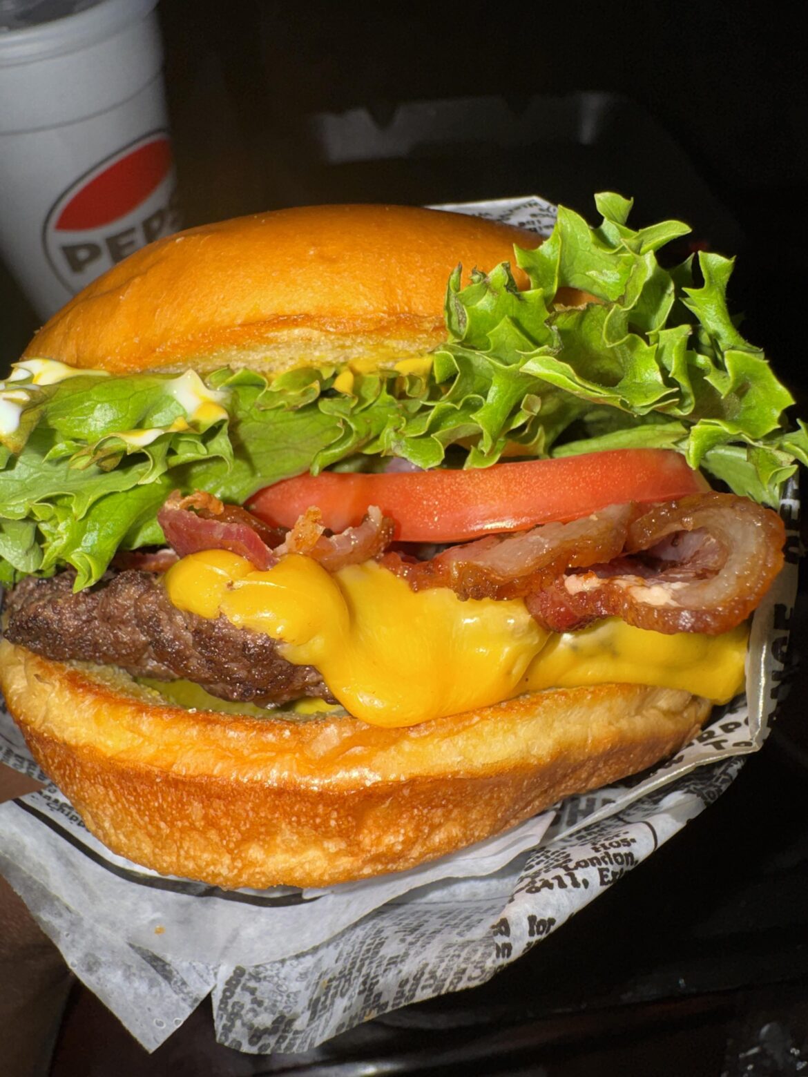 A burger from a local restaurant in town.