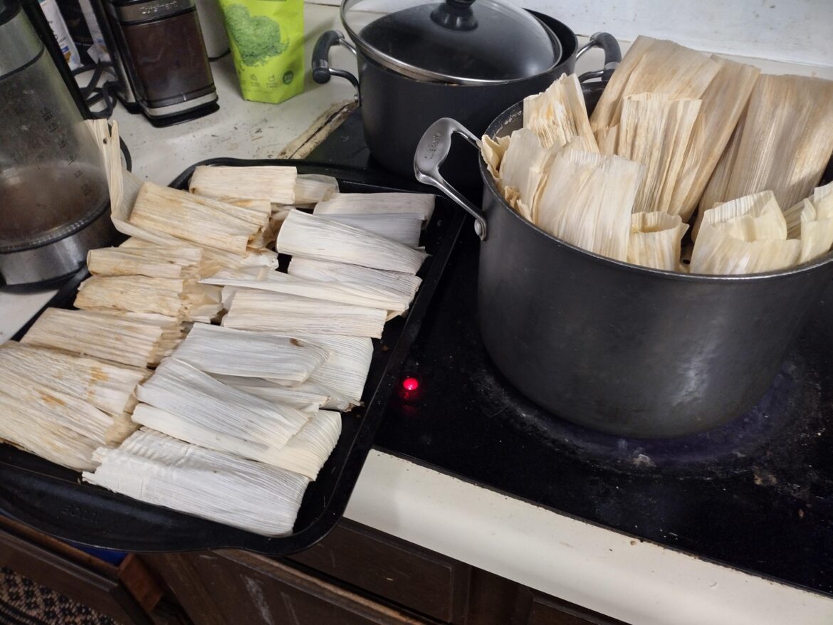 Tamales de puerco y Chile rojo, y piloncillo con chocolate