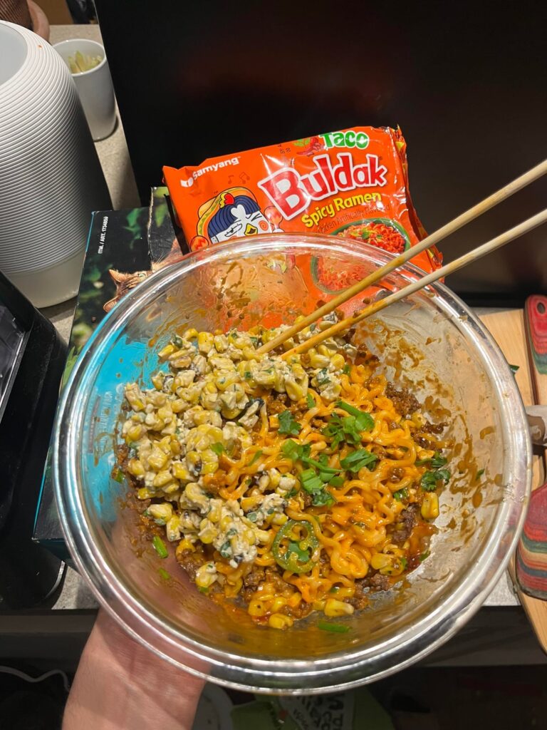 Pint of vodka in the gas tank. Taco ramen with esquites.