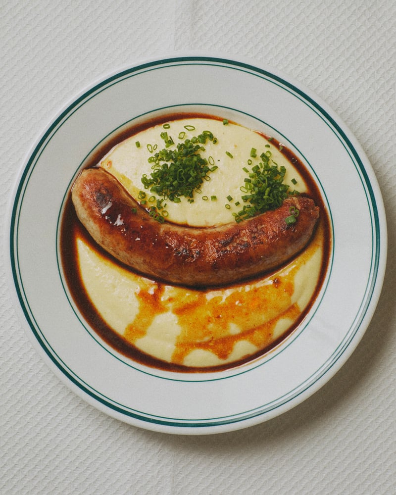 Sausage and mash, a traditional brasserie dish from Le Cornichon in Goncourt.