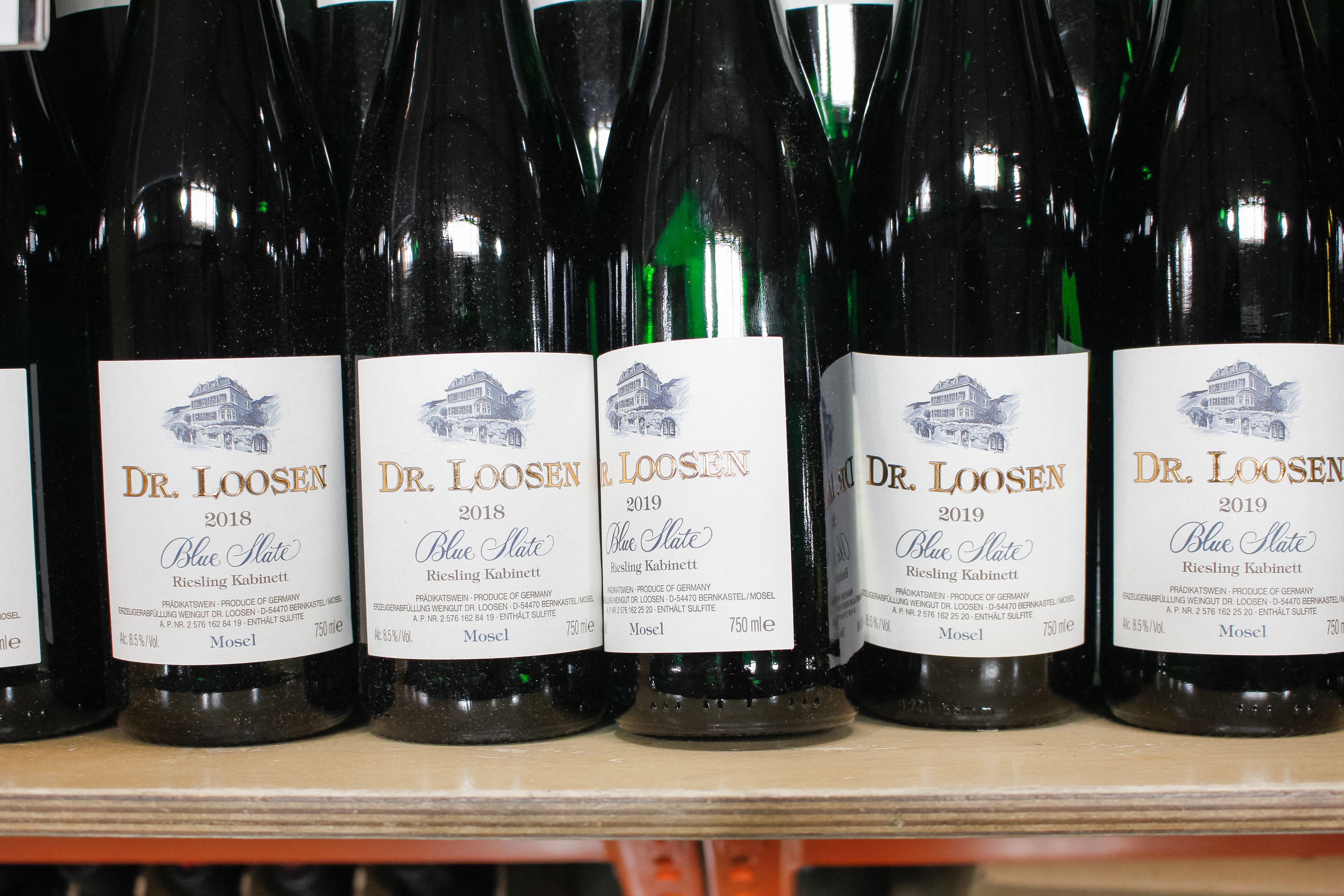 Bottles of Dr. Loosen 2018 and 2019 Blue Slate Riesling Kabinett wine.