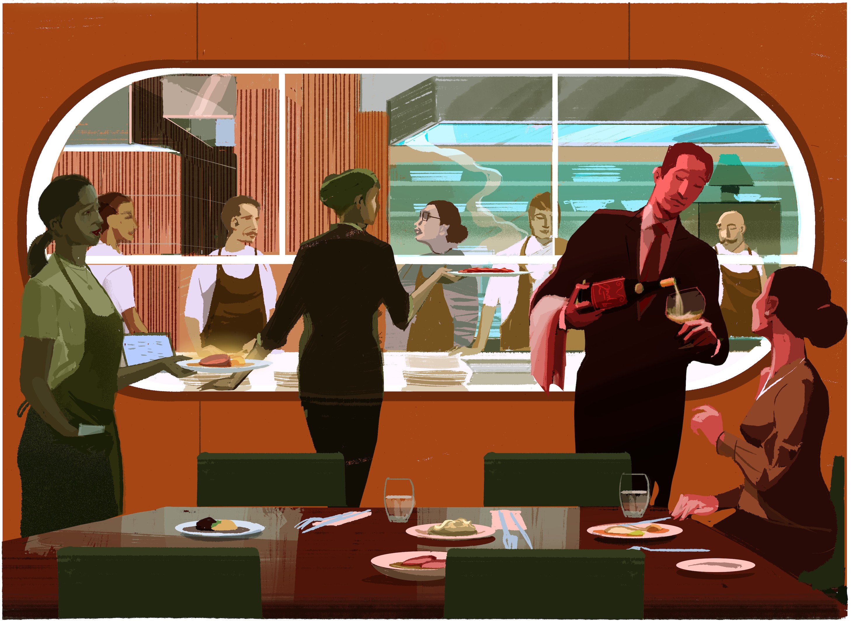 Illustration of a restaurant with a waiter pouring wine for a woman at a table, while staff prepare food in the kitchen.