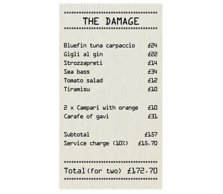 An illustration of a restaurant bill titled "THE DAMAGE" showing a total of £172.70 for two, including food and drinks like Bluefin tuna carpaccio, Gigli al gin, Sea bass, Tomato salad, Tiramisu, Campari, and Carafe of gavi, along with a 10% service charge.