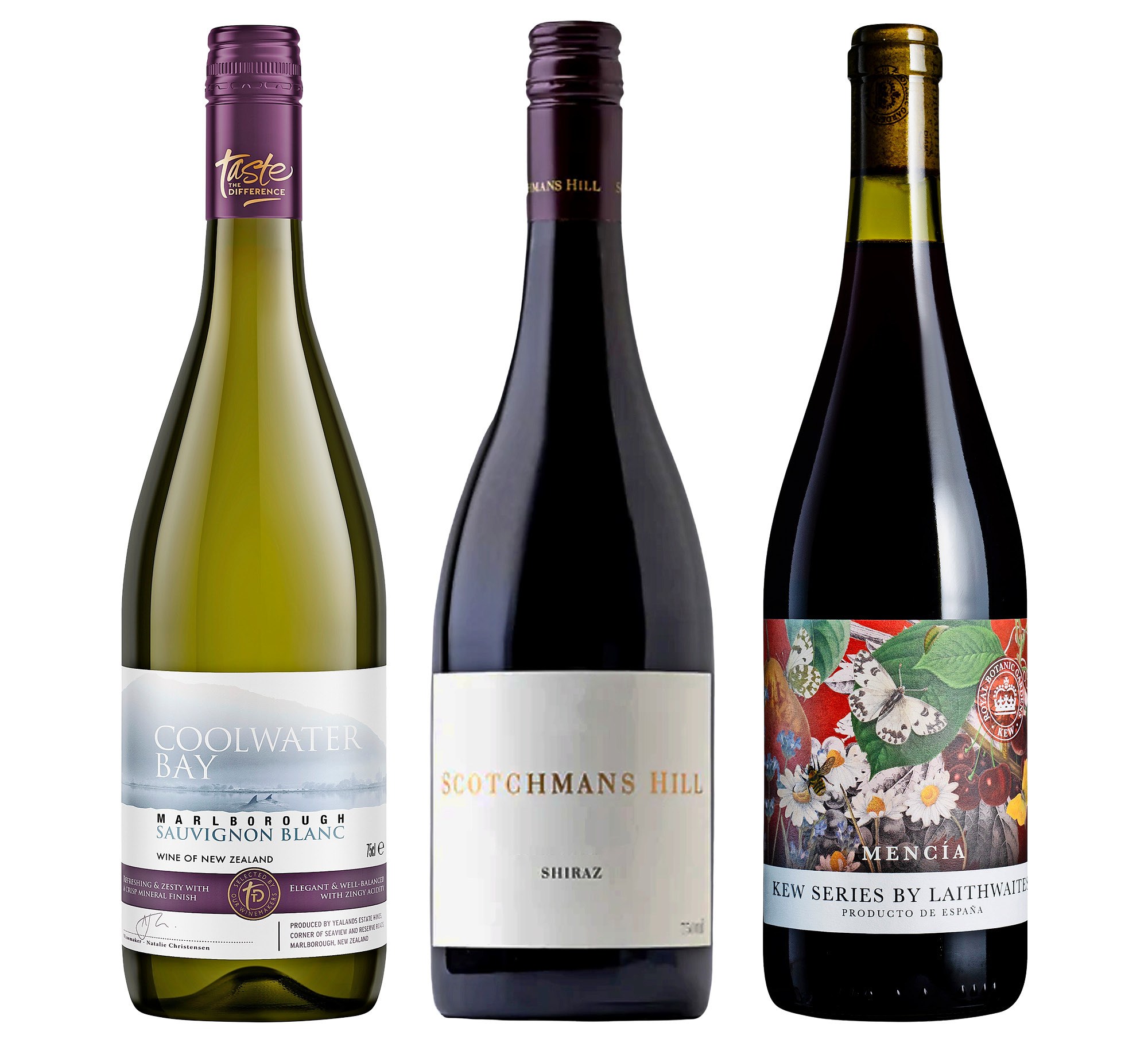 Three wine bottles: Coolwater Bay Marlborough Sauvignon Blanc, Scotchmans Hill Shiraz, and Kew Series by Laithwaite Mencía.
