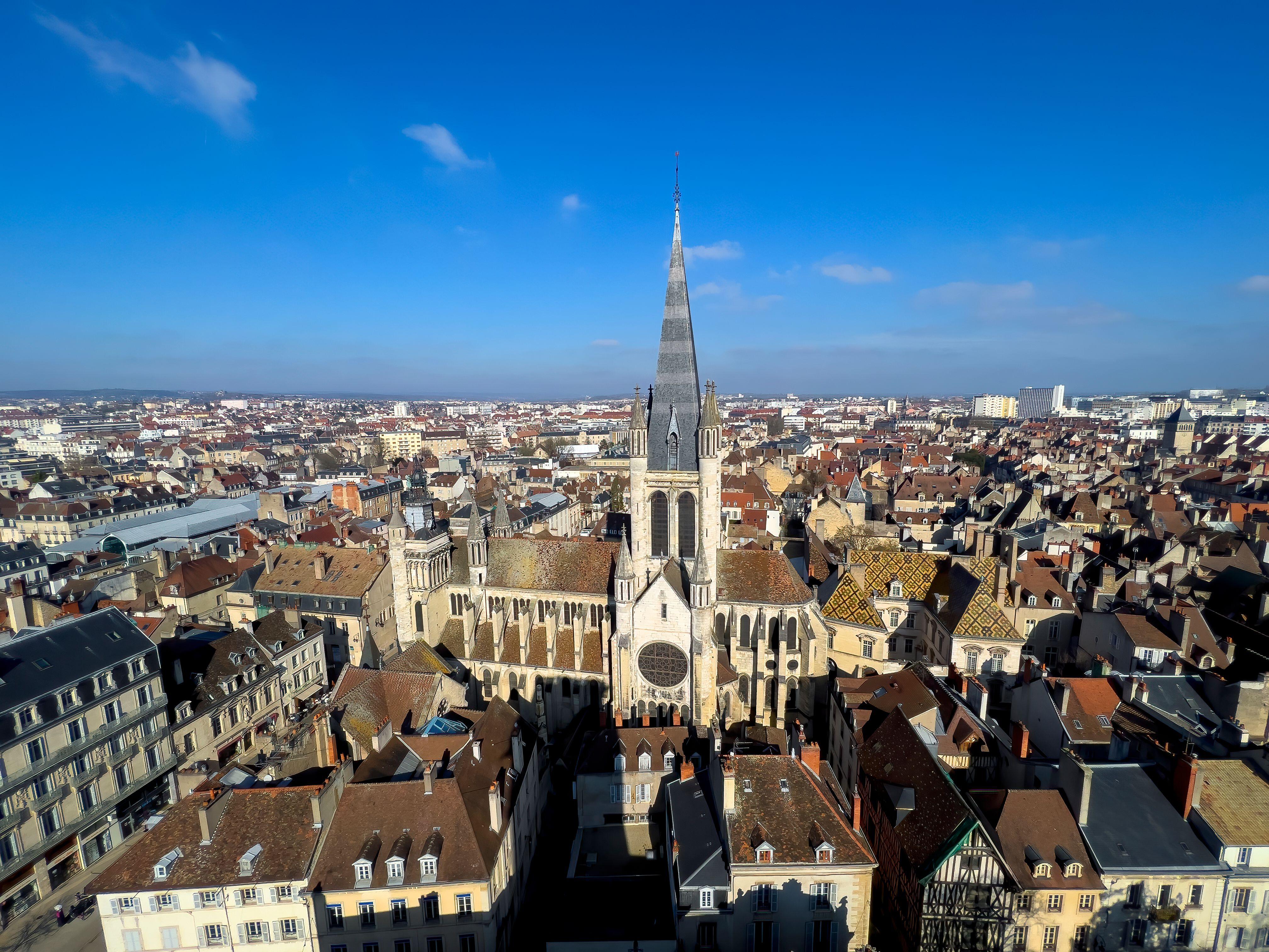 Aerial view of Notre-Dame de Dijon and the city of Dijon, France.