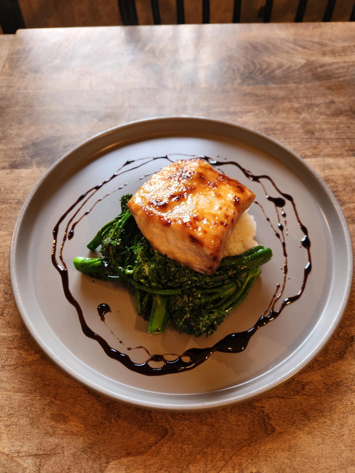 Miso glazed mahi mahi, sushi rice, broccolini, soy balsamic reduction