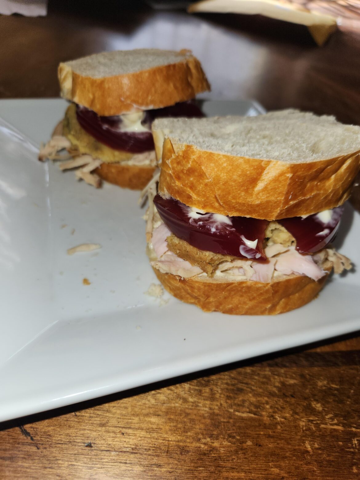 Turkey, stuffing, and cranberry with Duke's, on sourdough