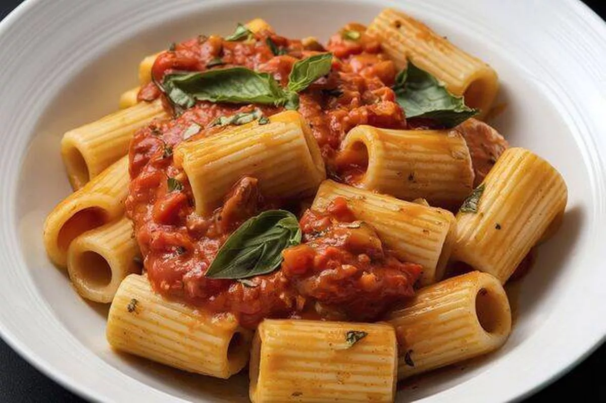 A photo of a delectable dish of pasta rigatoni,Generously coated with a tomato-based sauce