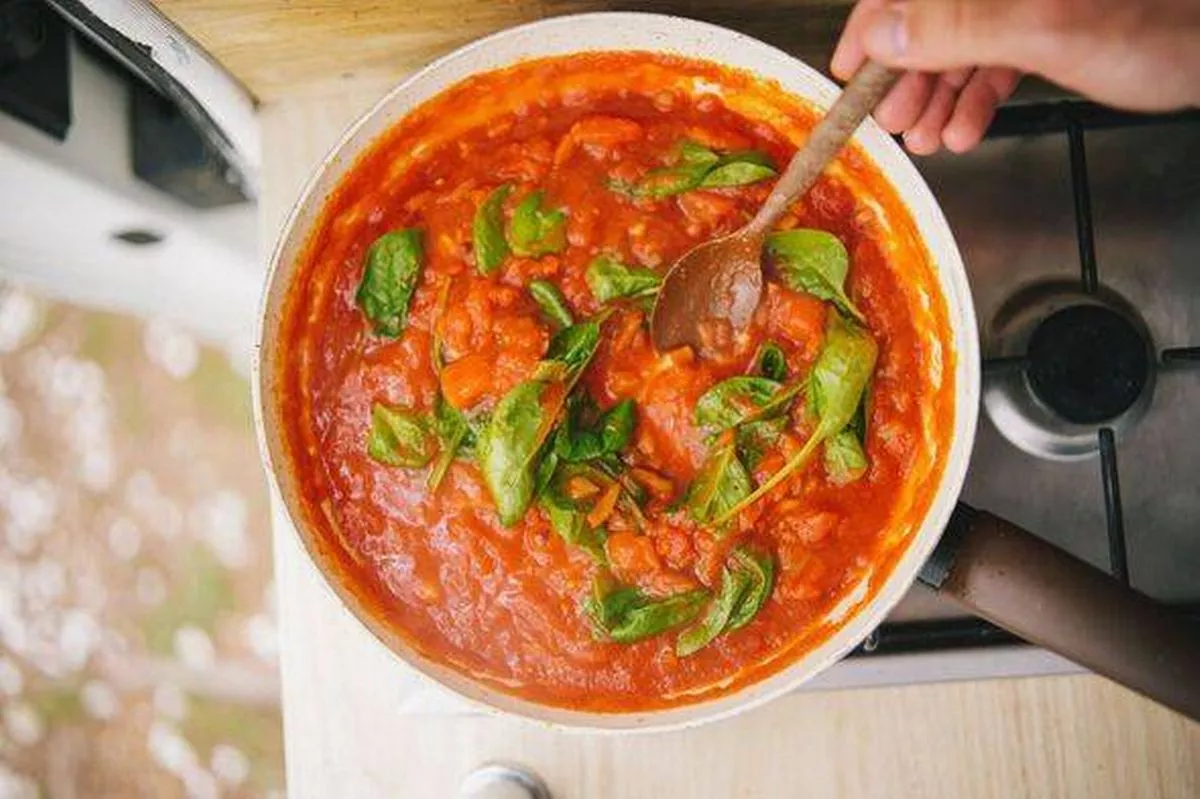 Hand stirs fresh tomato sauce on camp stove