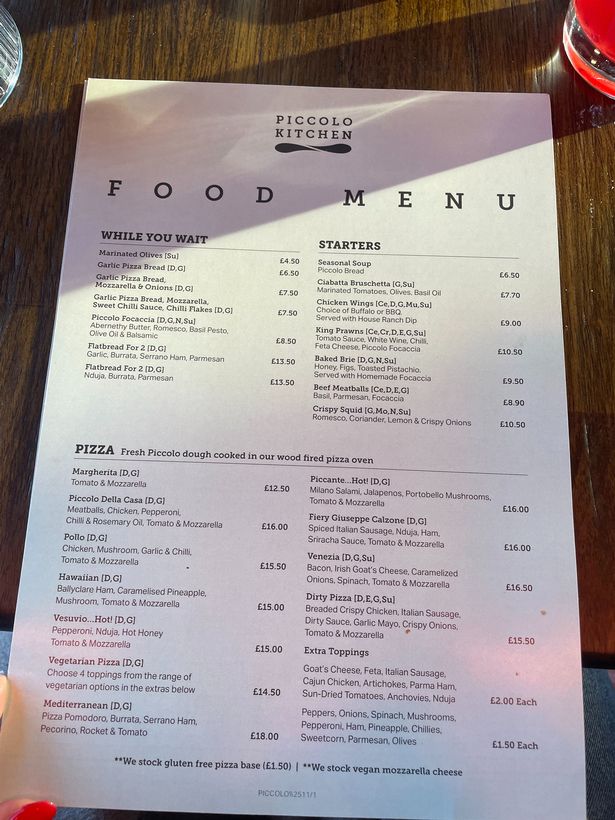 The menu at Piccolo Kitchen