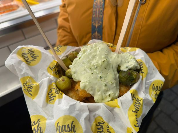 These were The Grinch loaded hash browns from Hash and Dash