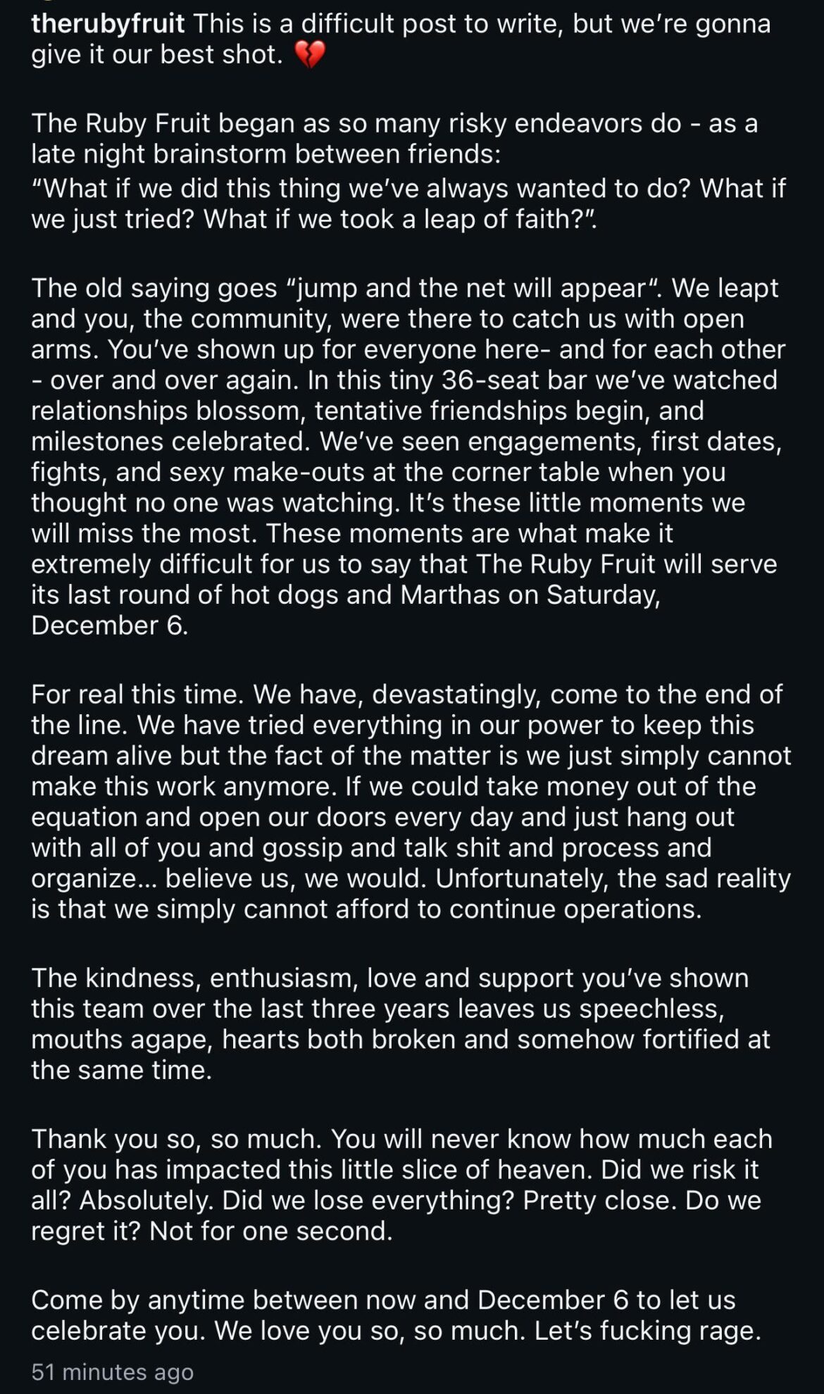 The Ruby Fruit is closing, last day is Dec 6