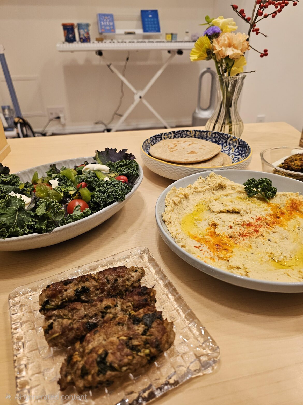 1st attempt of home made mediterranean food hummus, falafel and sausage