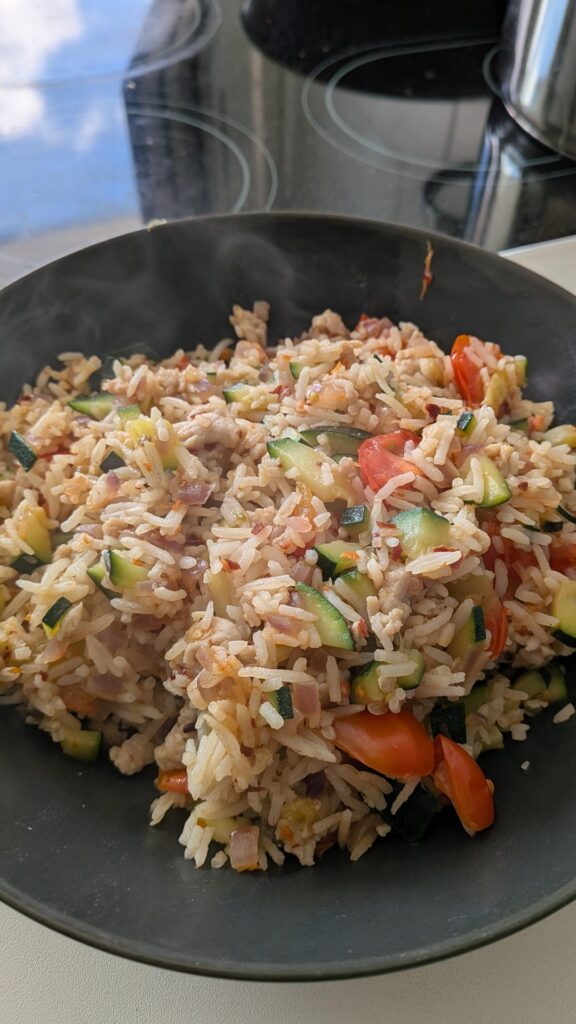 Fried rice with minced chicken (600kcal, 40g protein)