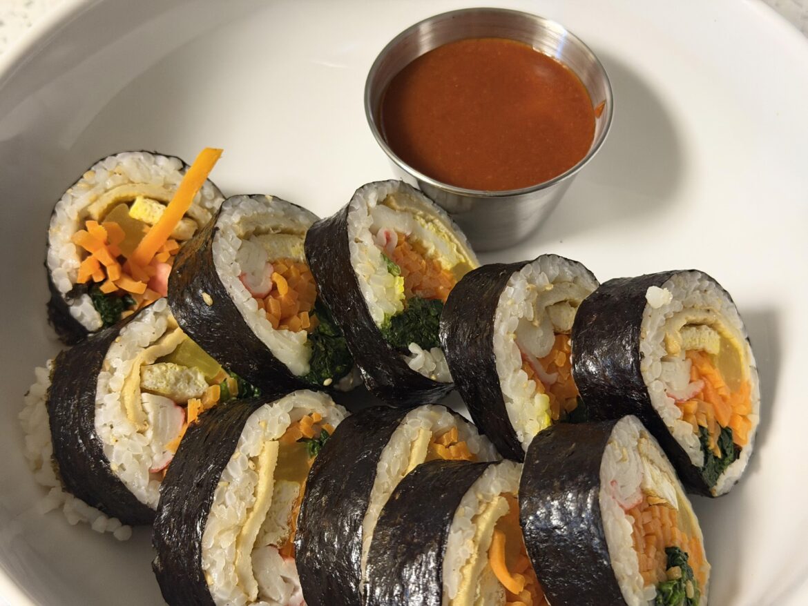 Kimbap with a maple gochujang dipping sauce