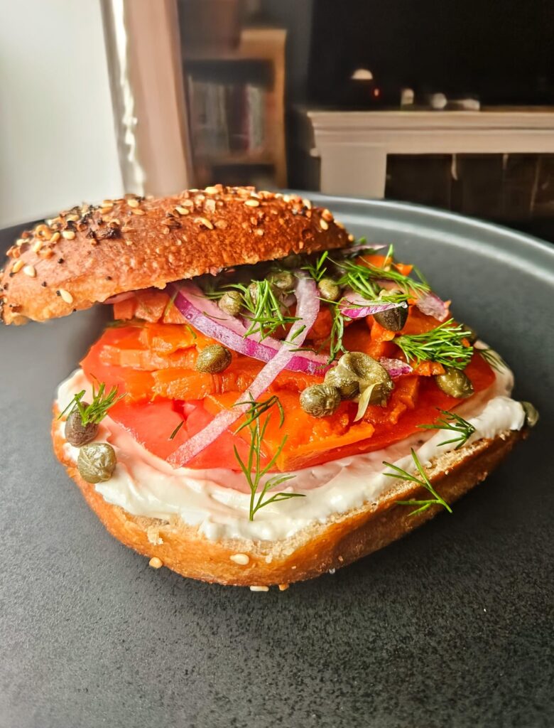 Homemade sourdough bagel and carrot lox