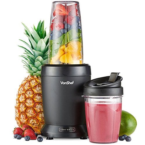 VonShef Personal Blender Multifunctional Powerful Smoothie Maker and Mixer for Fruit, Vegetables Shakes and Ice Includes 800ml and 500ml Portable Cups – 1000W VonShef Personal Blender Multifunctional Powerful Smoothie Maker and Mixer for Fruit, Vegetables Shakes and Ice Includes 800ml and 500ml Portable Cups – 1000W