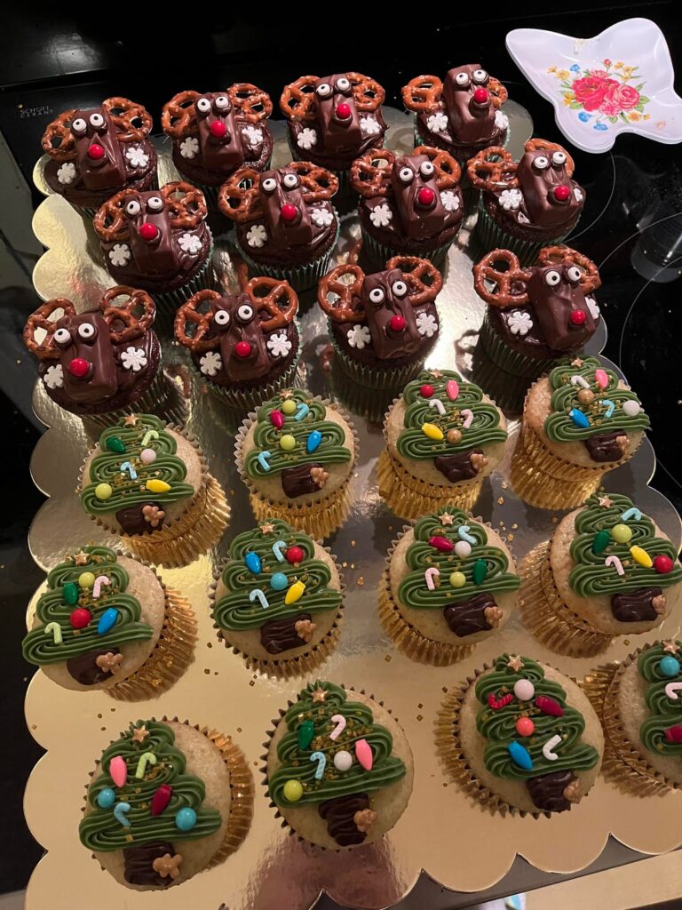 Made cupcakes for my husband’s department at work, and used leftover cake batter and icing to make a cake for us!