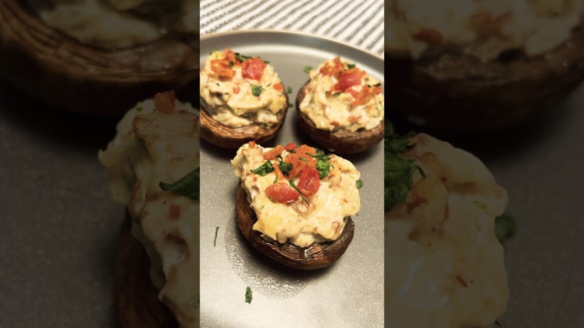 Savory Stuffed Mushrooms | Garlic, Pecans, Almond Cream Cheese, Bacon, Parmesan Cheese #satisfying