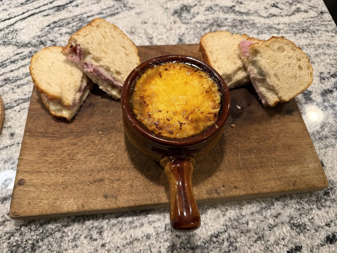 [homemade] Hot ham and Swiss with French onion soup.