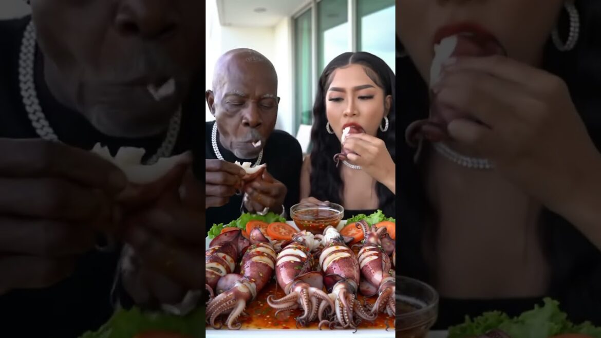 Father and Daughter Do a Stuffed Squid Mukbang Outdoors #mukbang #asmr #shortsfeed #shorts