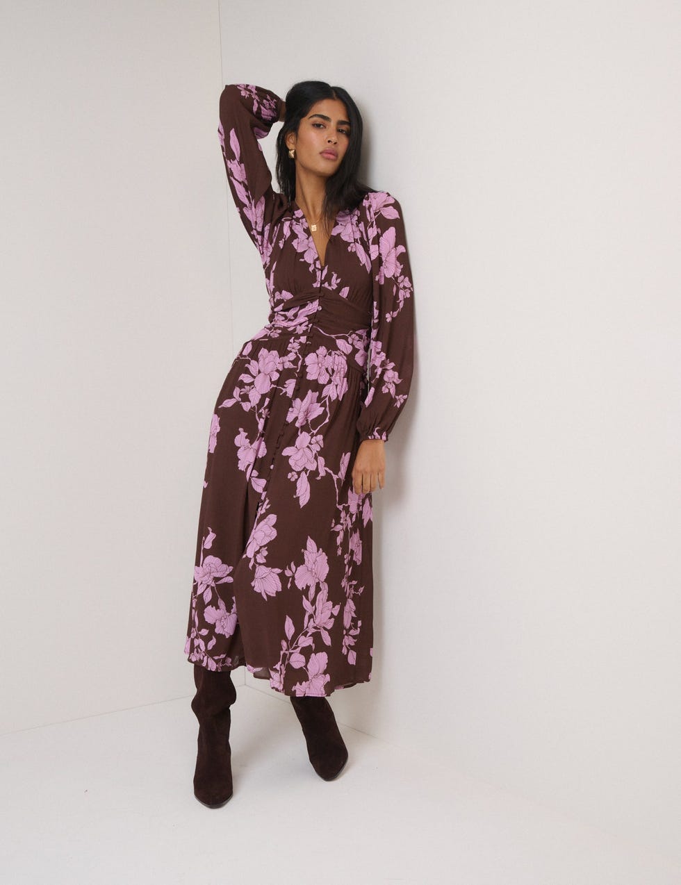 Brown And Pink Floral Luna Midaxi Dress