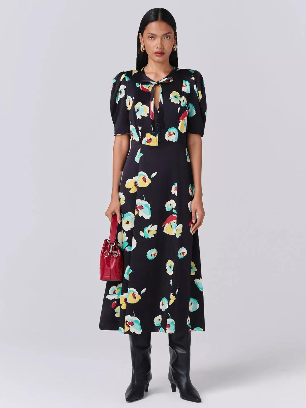Ghost Savannah Floral Puff Sleeve Tie Neck Midi Dress