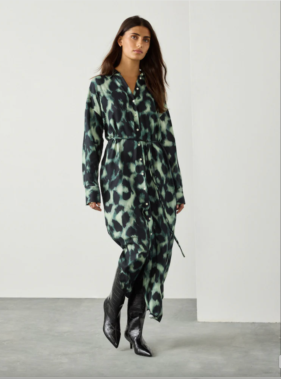 Black/Green Animal Print Long Sleeve Tie Waist Shirt Dress