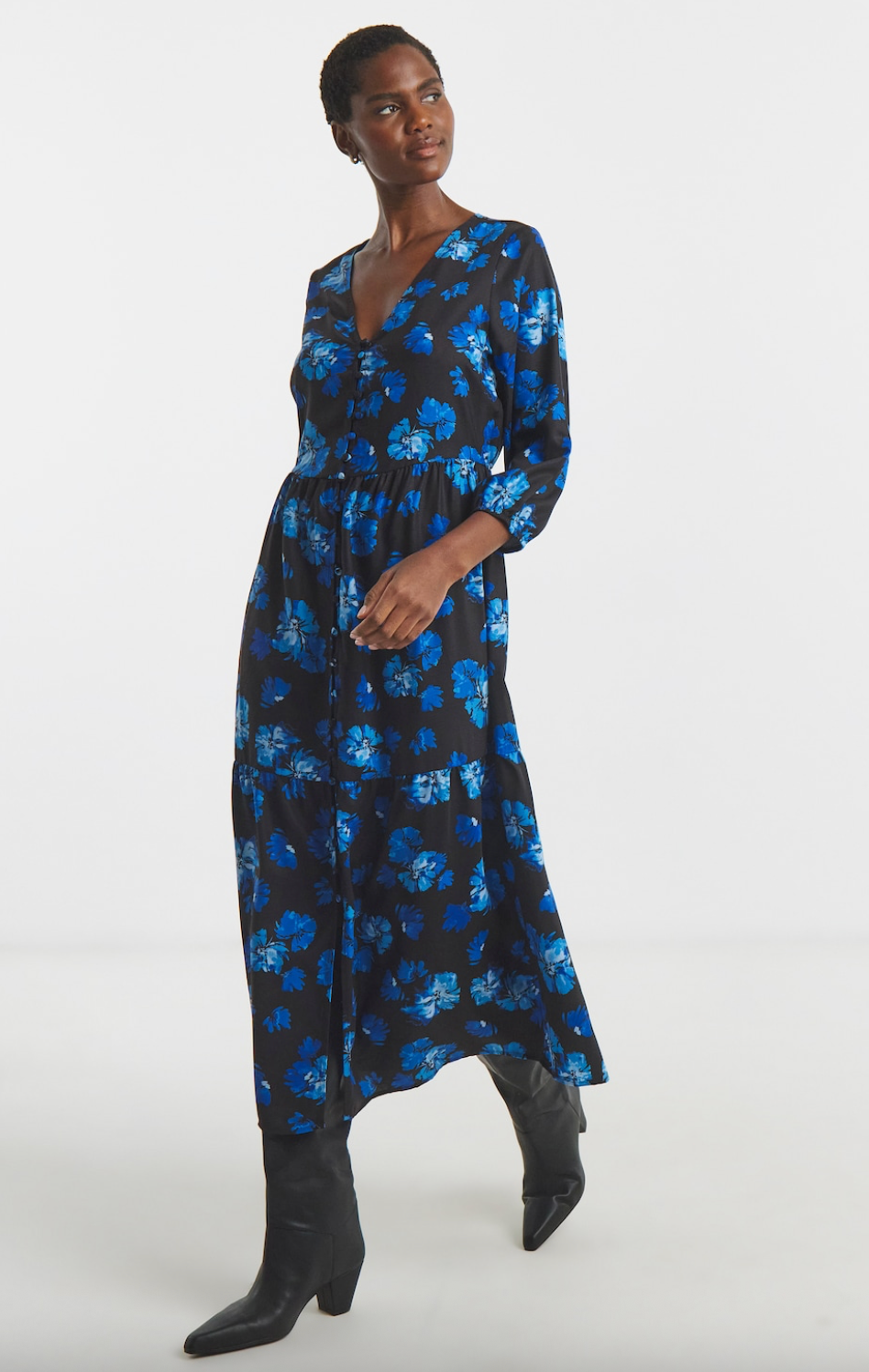 Blue Floral Button-Through Tea Dress 