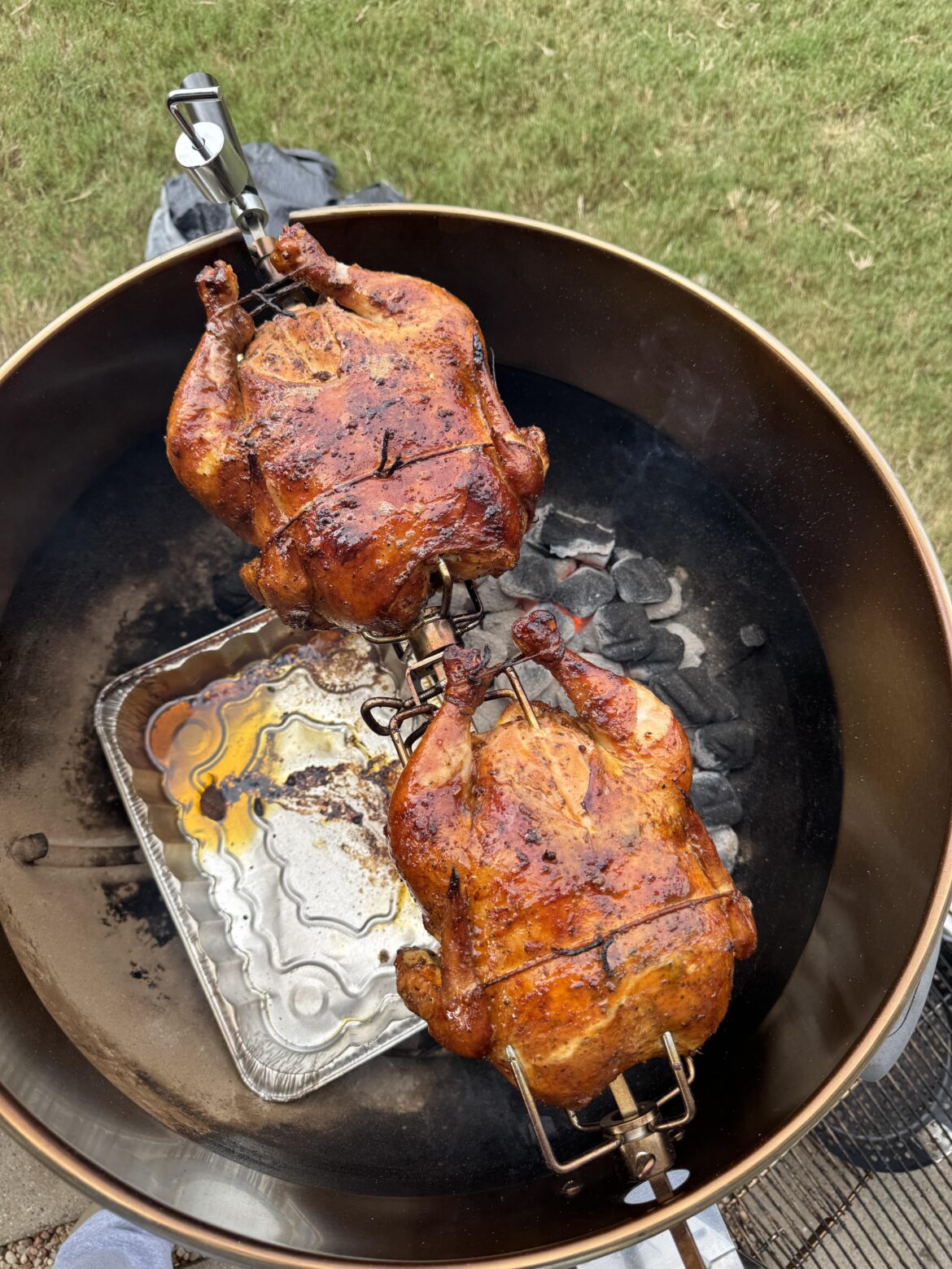 My first go at using a rotisserie kit.  Thanksgiving chickens.