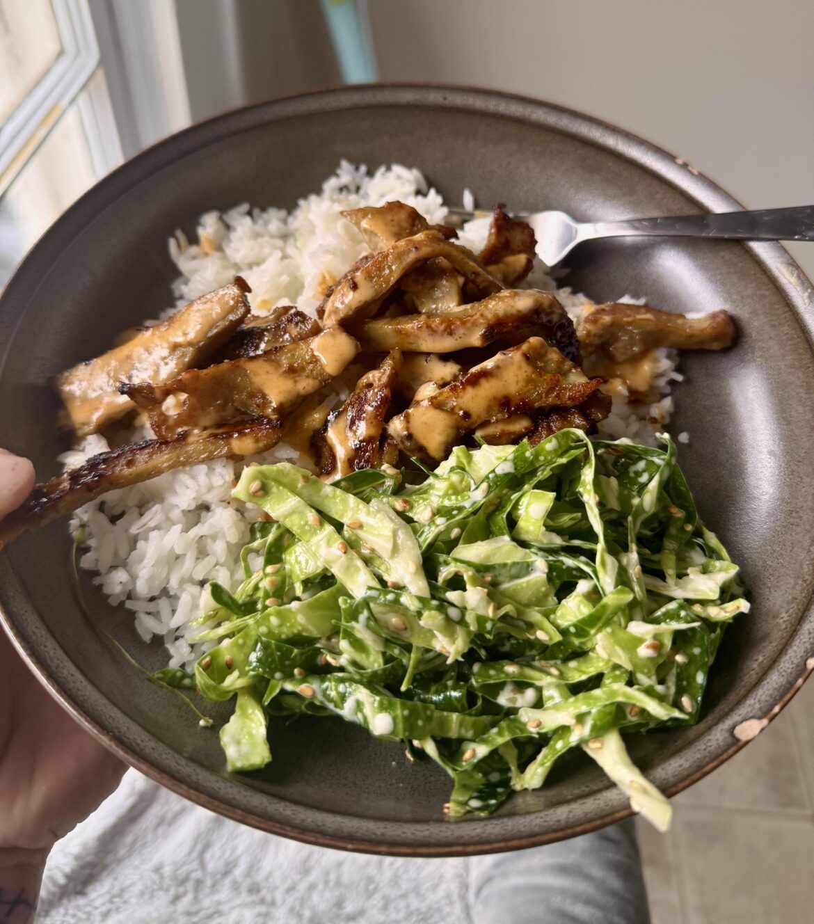 Homemade shredded “chicken” seitan with Japanese coleslaw