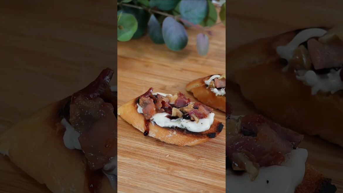 Bruschetta gorgonzola riduzione di vino e croccante di pancetta e noci