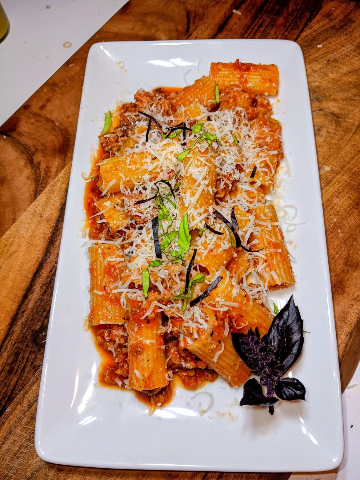 Rigatoni with a San Marzano meat sauce.